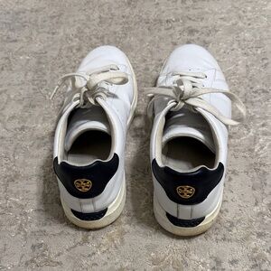 Tory Burch Howell White Leather Court Sneakers with Navy Heel Accent